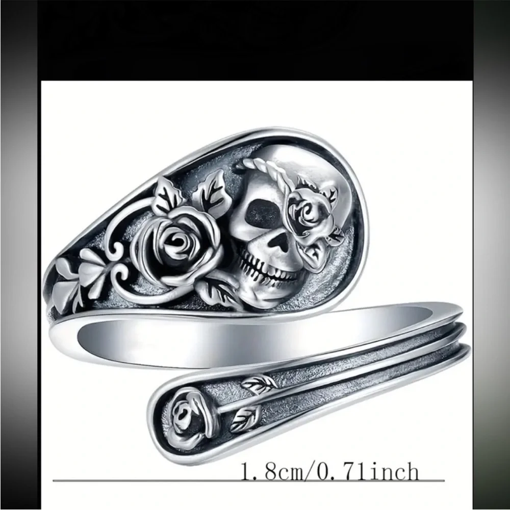Silver Skull and Rose Ring wrap ring silver alloy adjustable one size women nwt